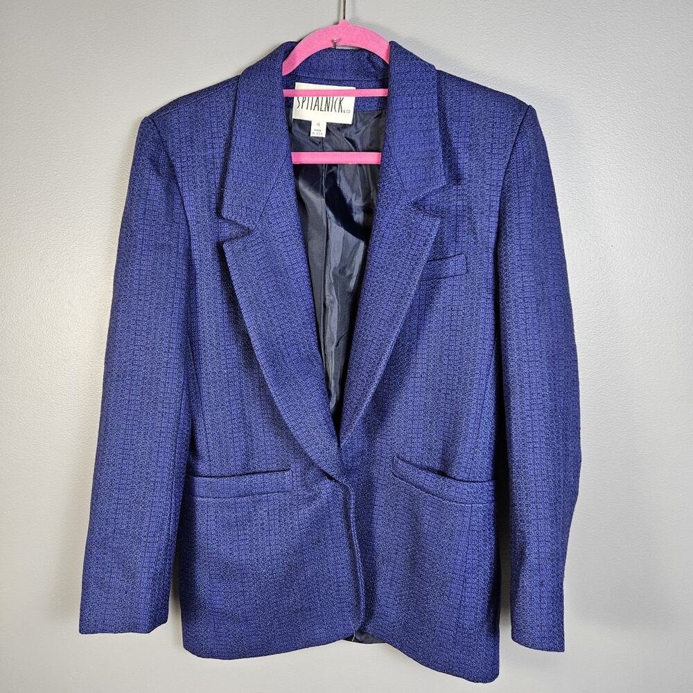 Vintage Spitalnick & Co. Blue‎ Blazer One Button Green Accent Wool Blend Size 4